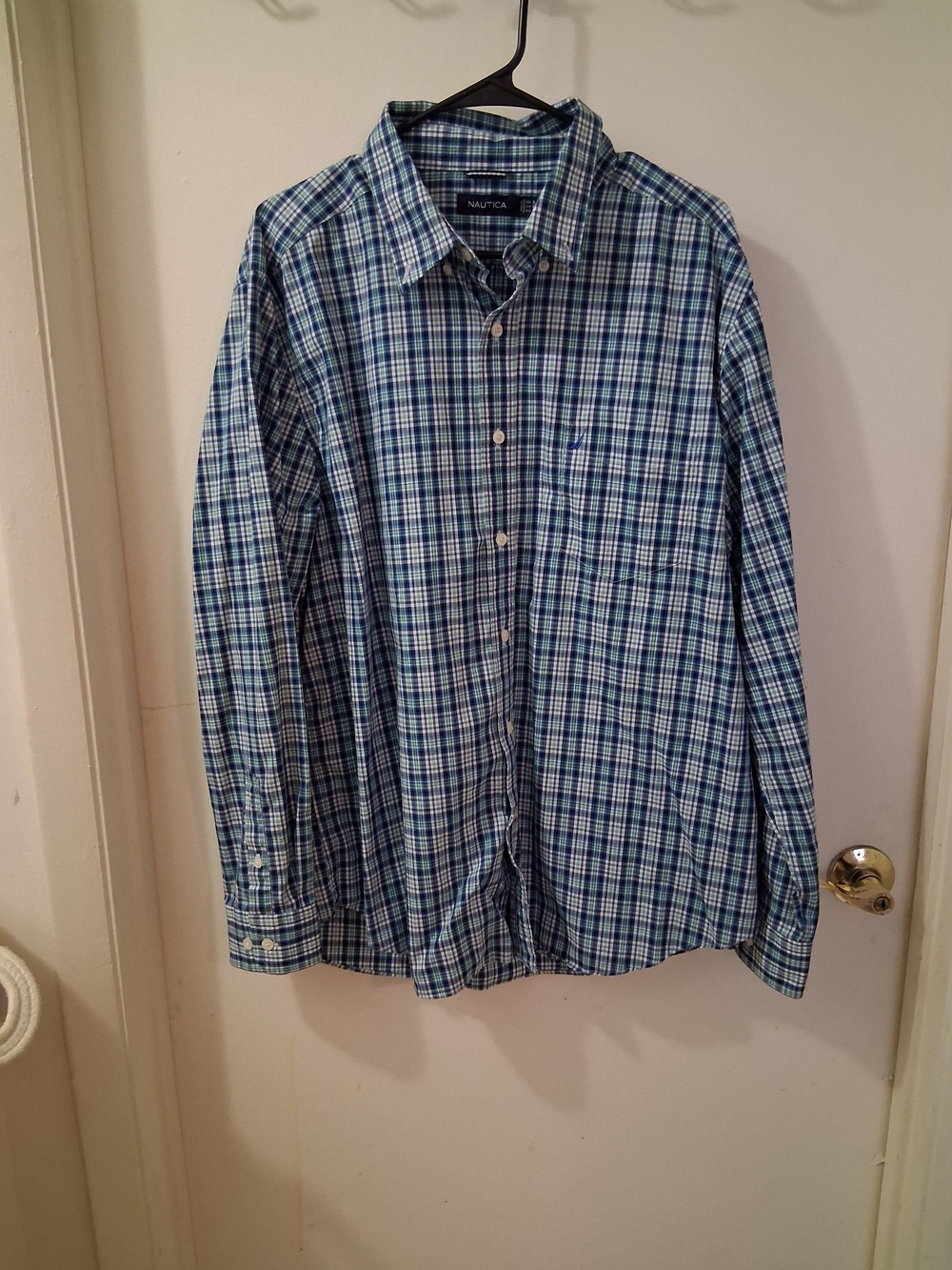 Nautica Men’s Blue and Green Plaid Button-Down Shirt